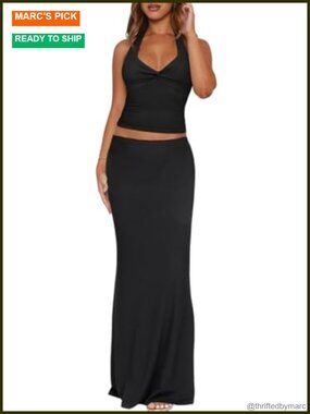 Womens 2 Piece Halter Crop Top and Maxi Skirt Set Twist Front